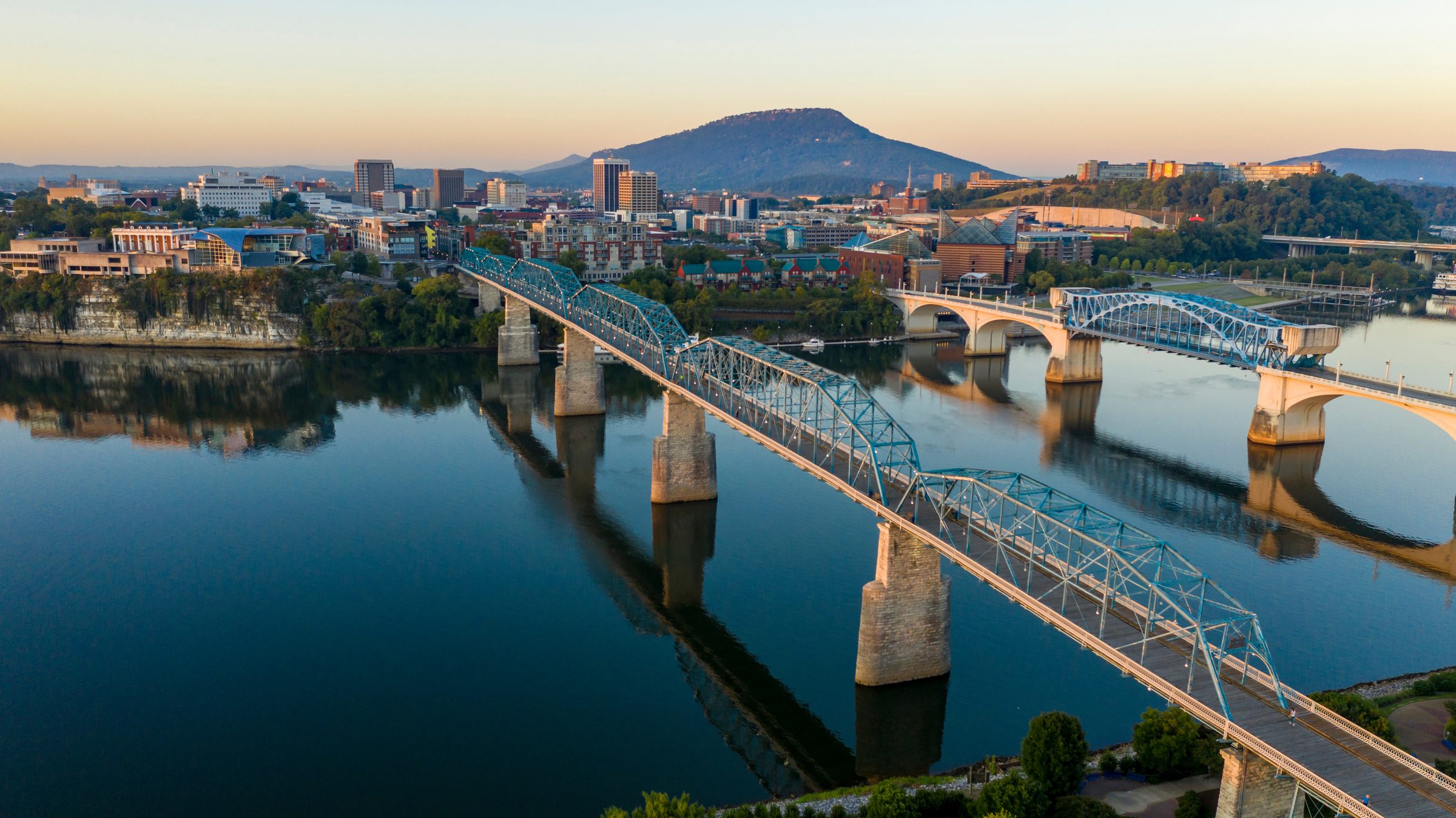 Downtown Chattanooga at sunrise with Lookout Mountain beyond